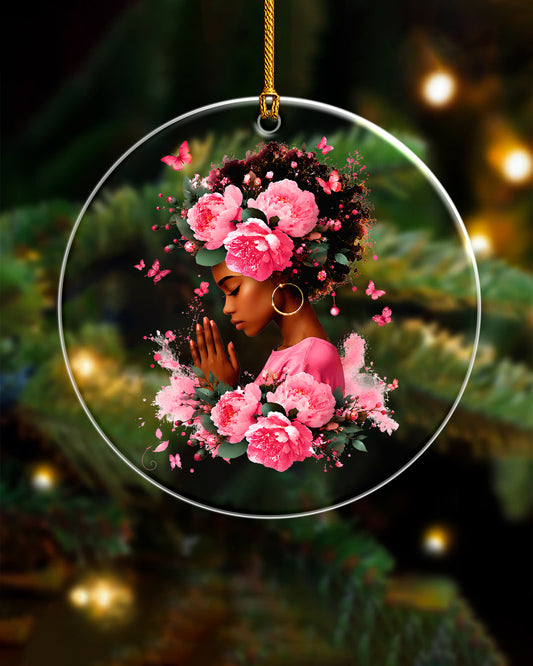 Black Queen Christmas Ornament - Pink Floral Acrylic Holiday Decor