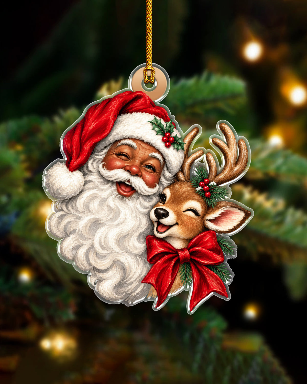 Smiling Black Santa Hugging Reindeer Ornament