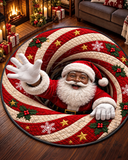 Joyful Black Santa Christmas Surprise Quilted Round Mat