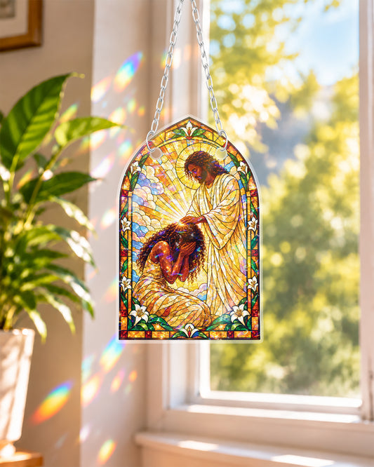 Jesus Blessing Black Woman Window Suncatcher Decor