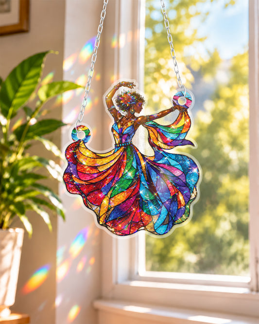 Afro Queen Dancing Stained Suncatcher Home Decor Gift