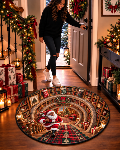 Black Santa Christmas Stairway Magic Quilted Round Mat