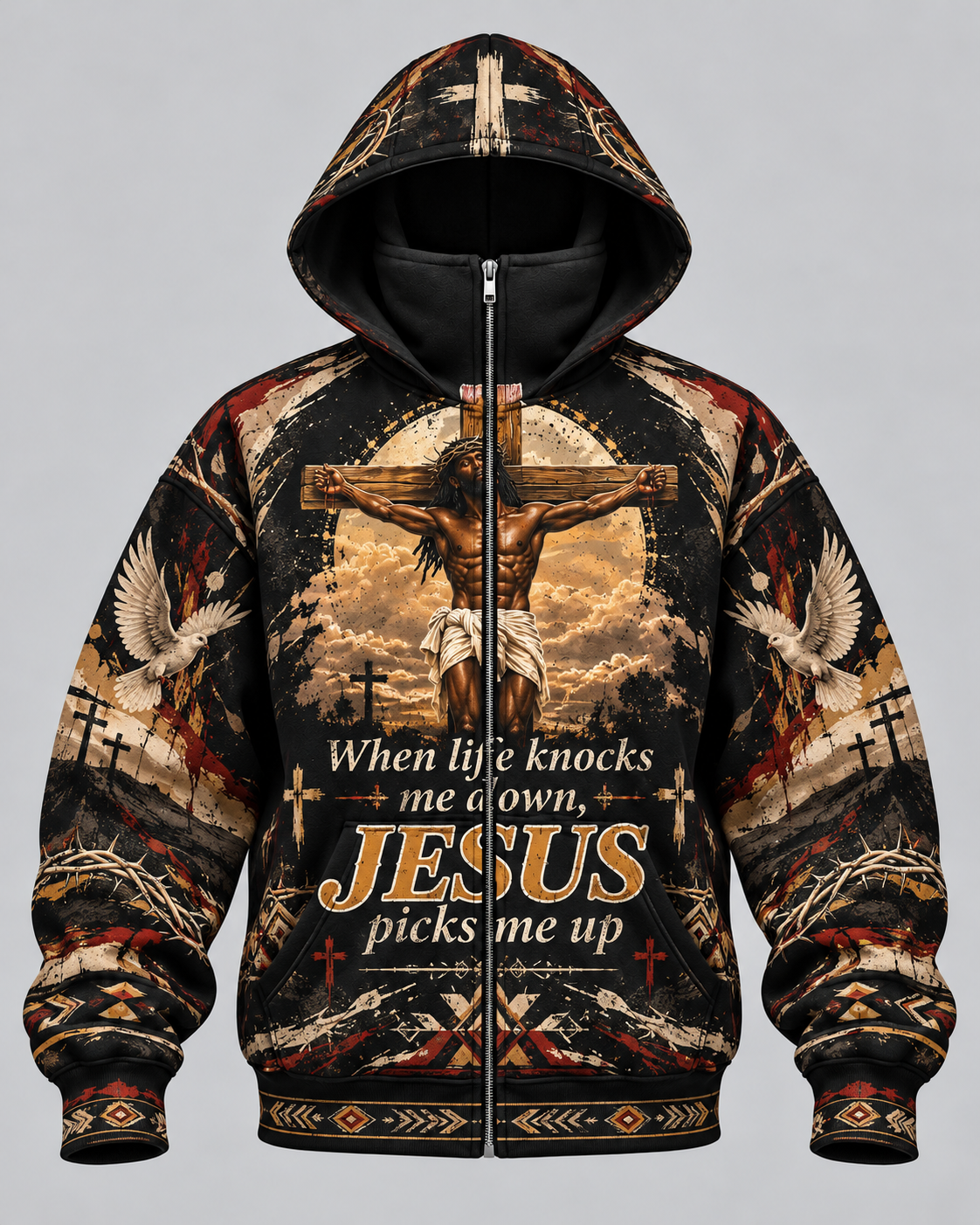 Black Jesus Christ Christian Faith Mask Zip Up Hoodie