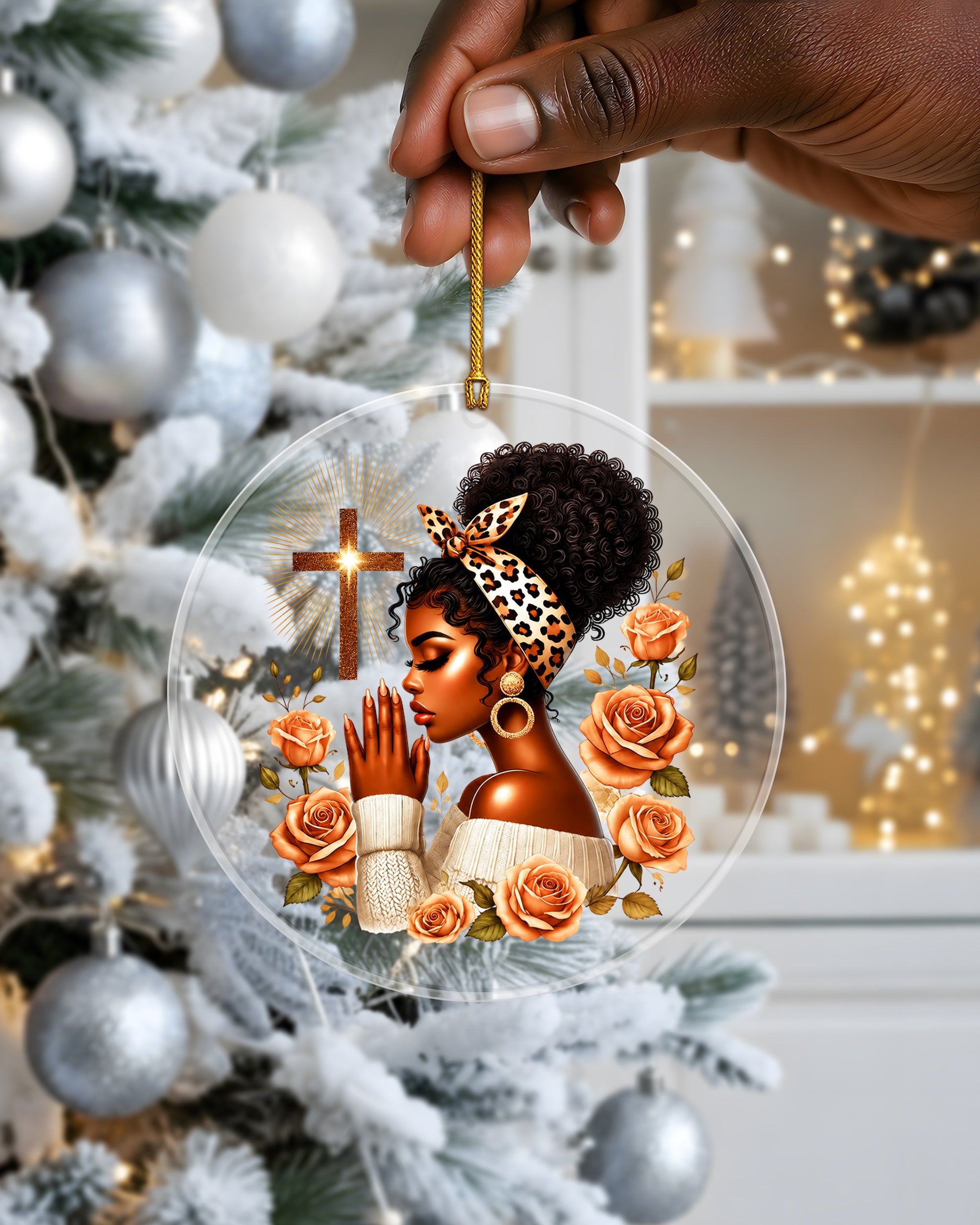 Black Woman Christmas Ornament - Faith Cross Rose Acrylic Decoration