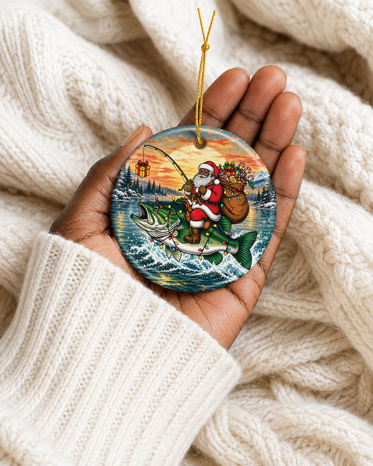 Black Santa Fishing Bass Christmas Ornament