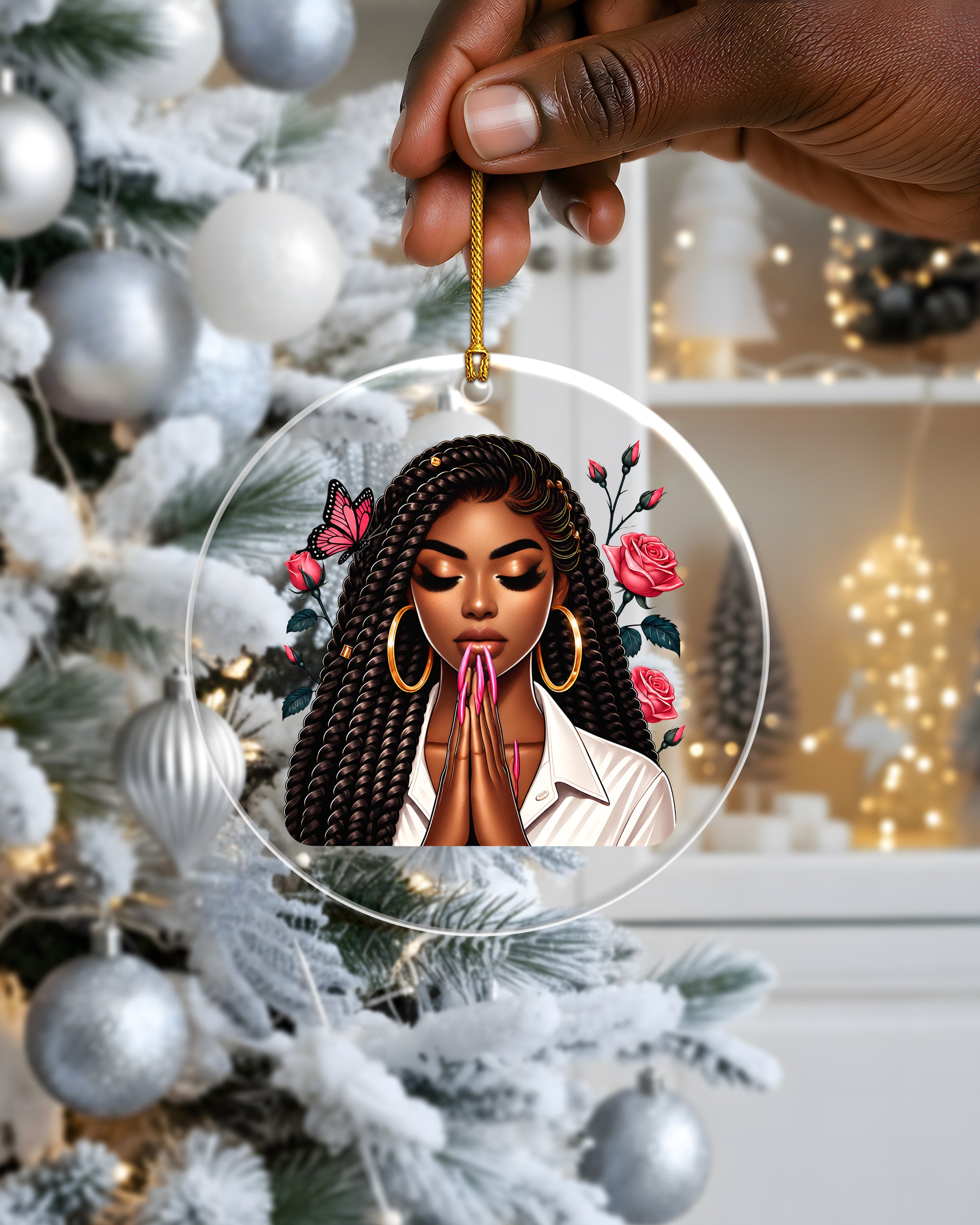 Black Queen Christmas Ornament - Praying Woman Floral Holiday Decor