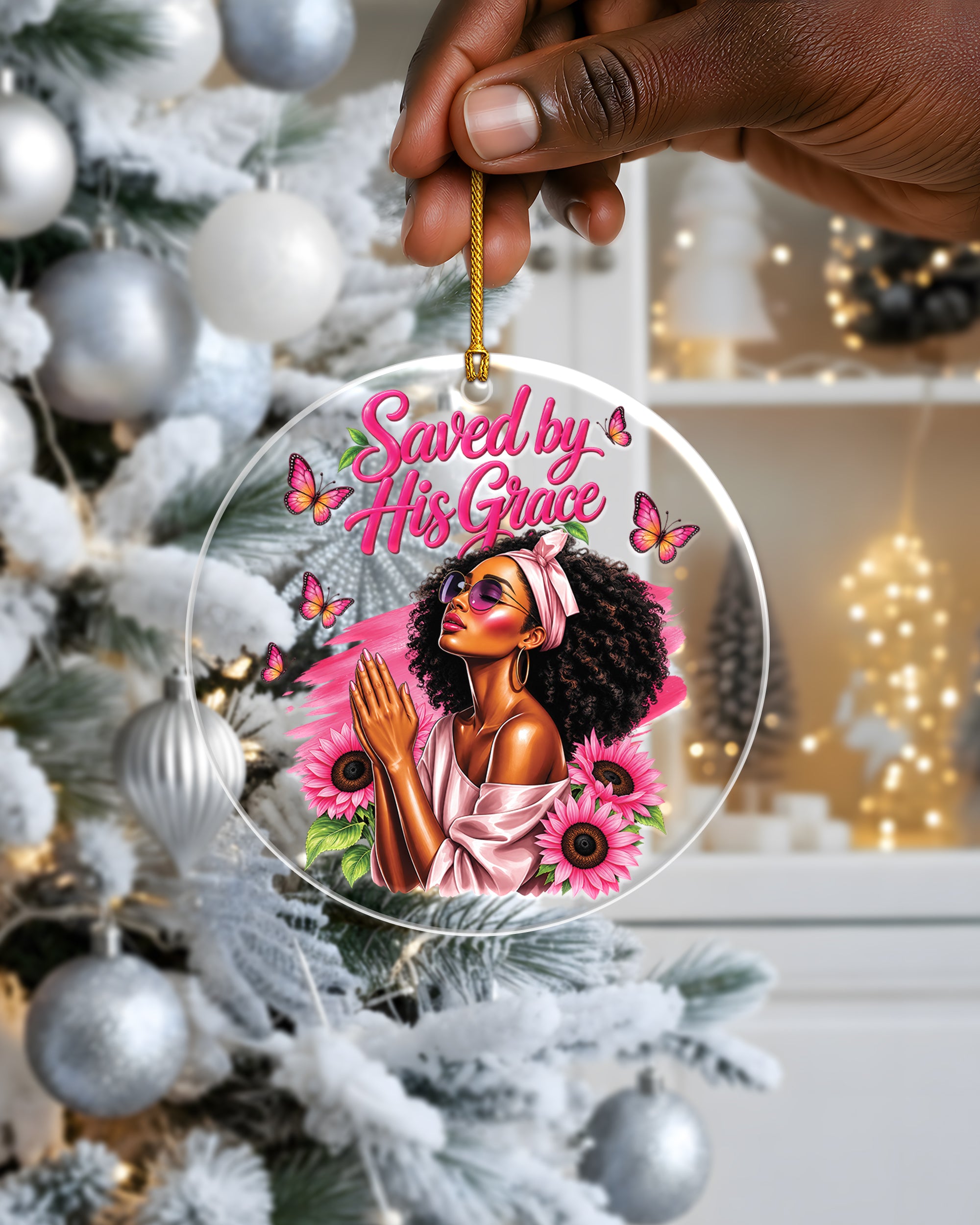 Black Woman Saved By His Grace Acrylic Ornament