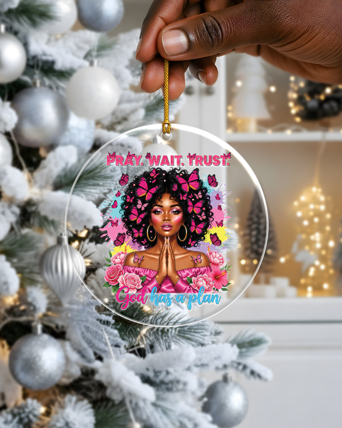 Black Woman Faith Butterfly Pink Acrylic Ornament