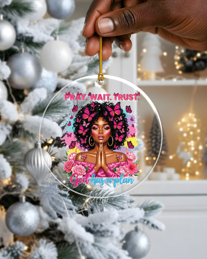 Black Woman Faith Butterfly Pink Acrylic Ornament