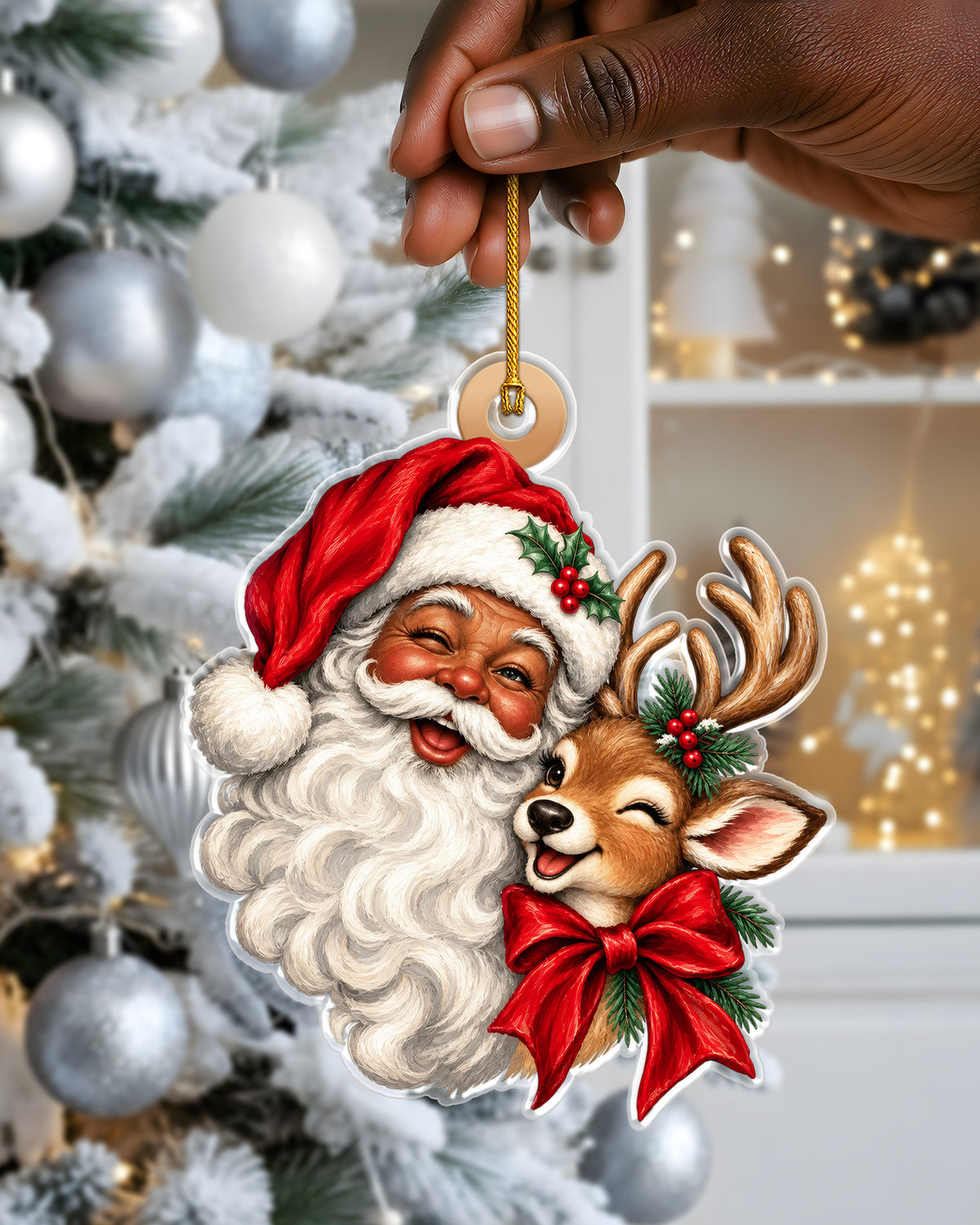 Smiling Black Santa Hugging Reindeer Ornament