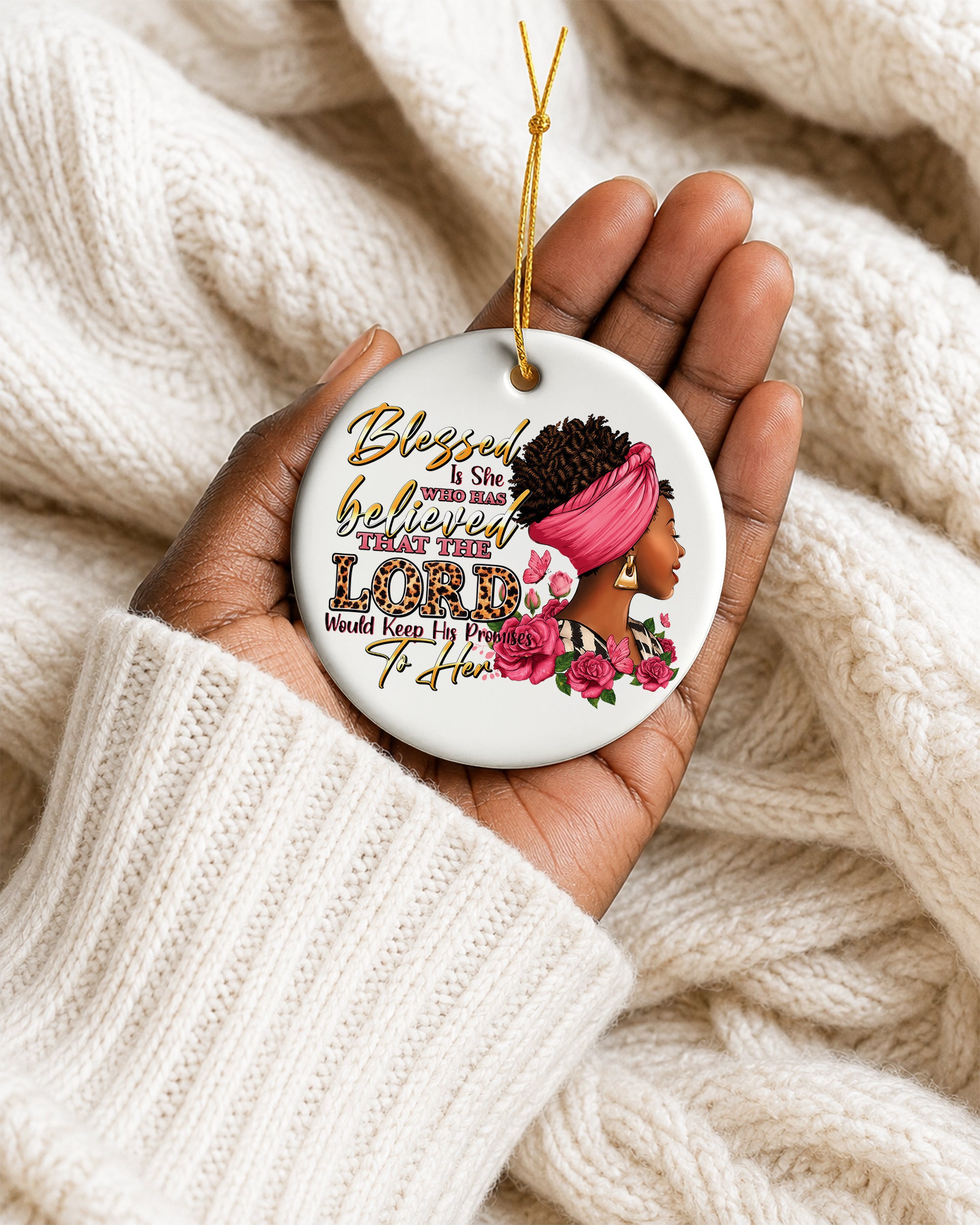 Black Woman Blessed by the Lord Christmas Ornament, Faith & God Ceramic Ornament