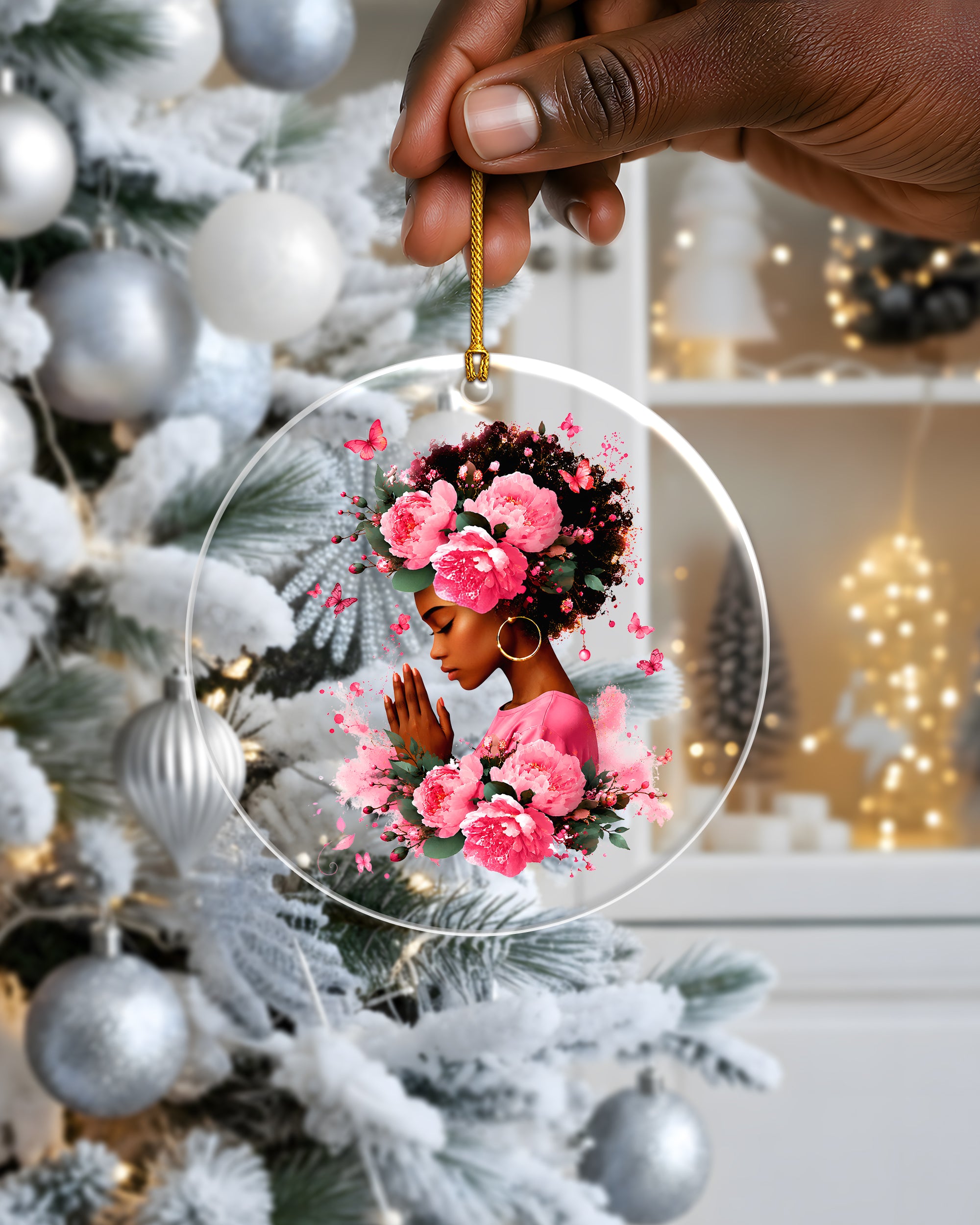 Black Queen Christmas Ornament - Pink Floral Acrylic Holiday Decor