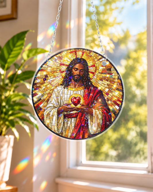 Sacred Heart Black Jesus Stained Suncatcher Hanging