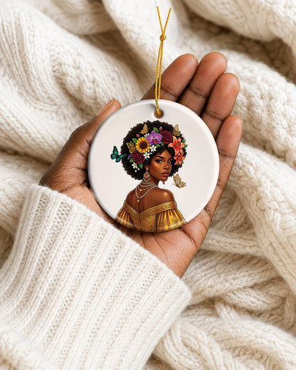 Black Woman Floral Ornament - African American Beauty Christmas Ornament