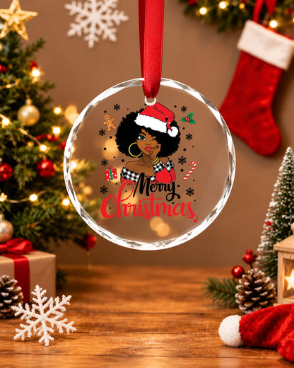 Winking Black Santa Girl Glass Ornament Xmas Decor
