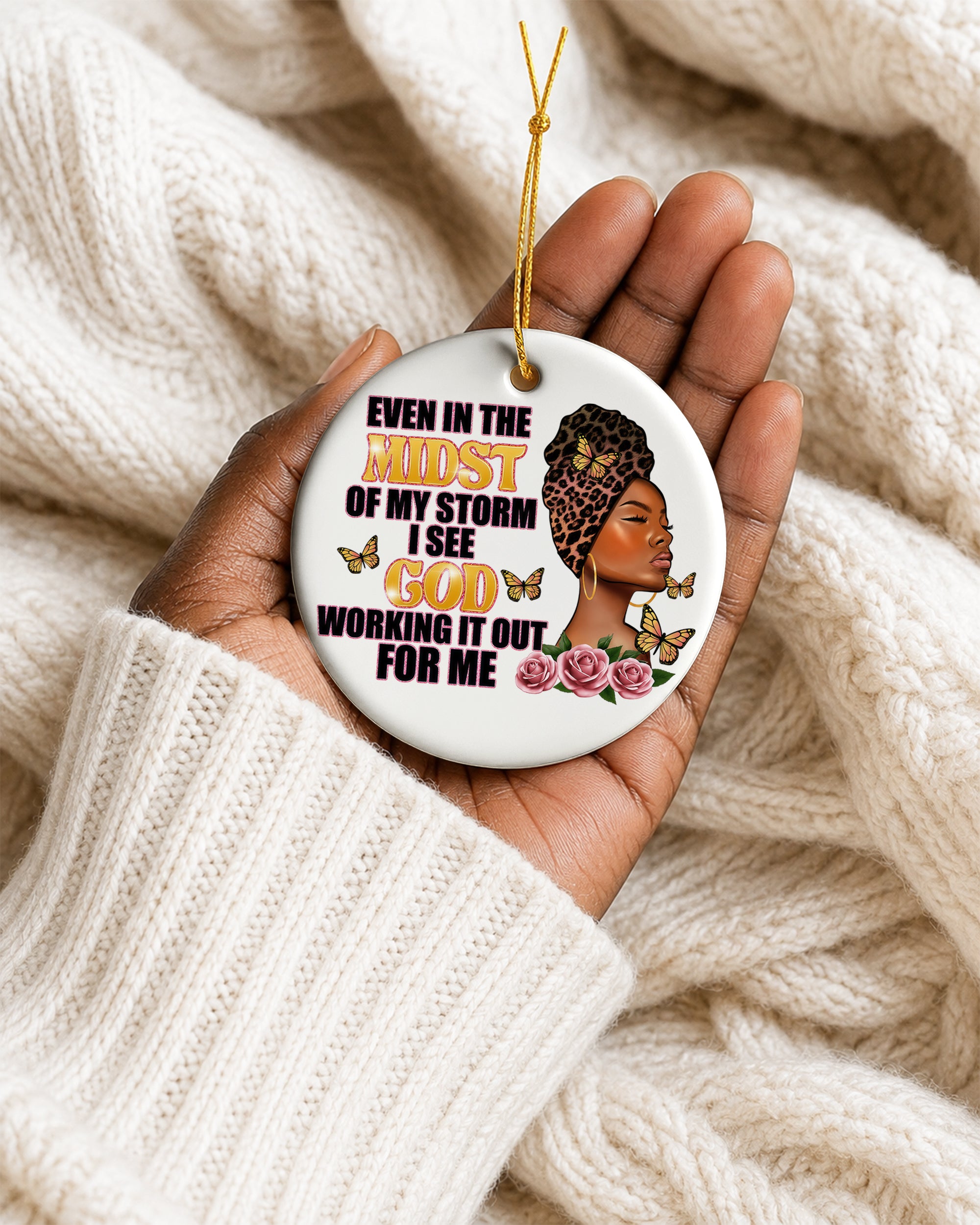 Black Woman Trust in God Christmas Ornament, Faith Over Storm Ceramic Ornament