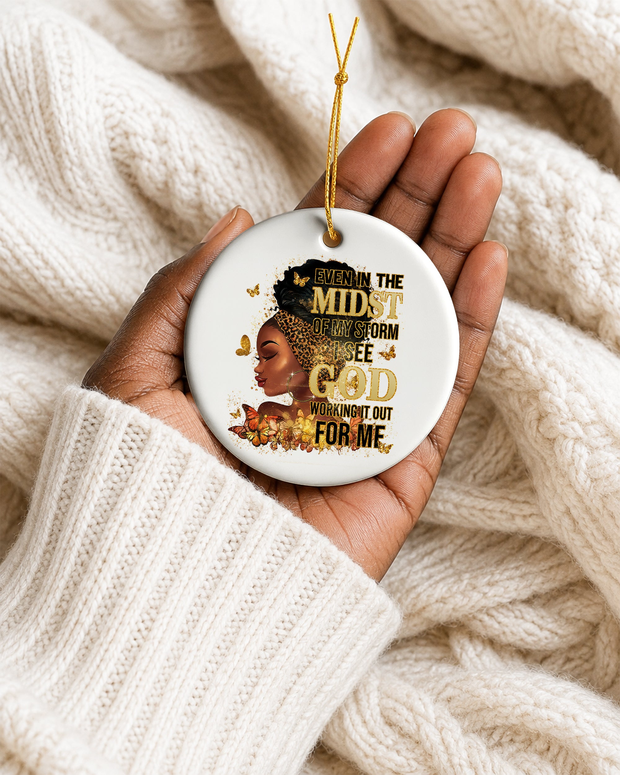 Black Woman Faith Christmas Ornament, God Is Working Ceramic Ornament