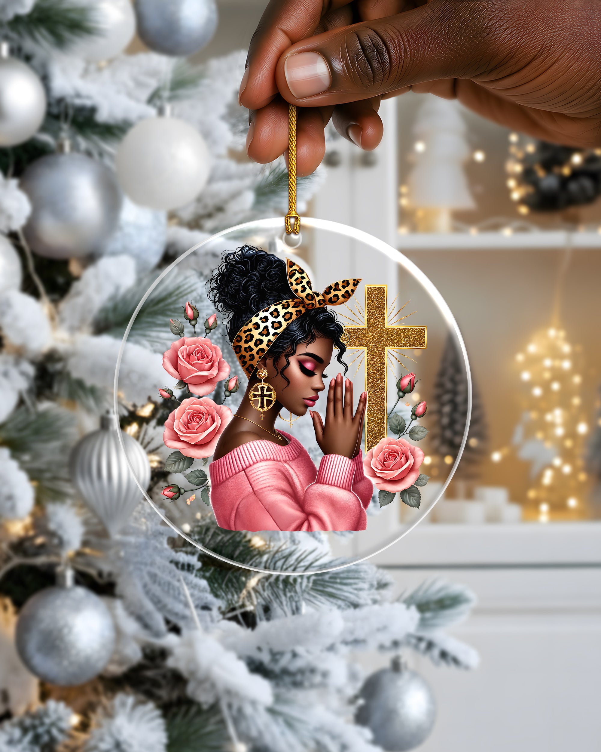 Black Beauty Christmas Ornament - Praying Woman Cross Decoration