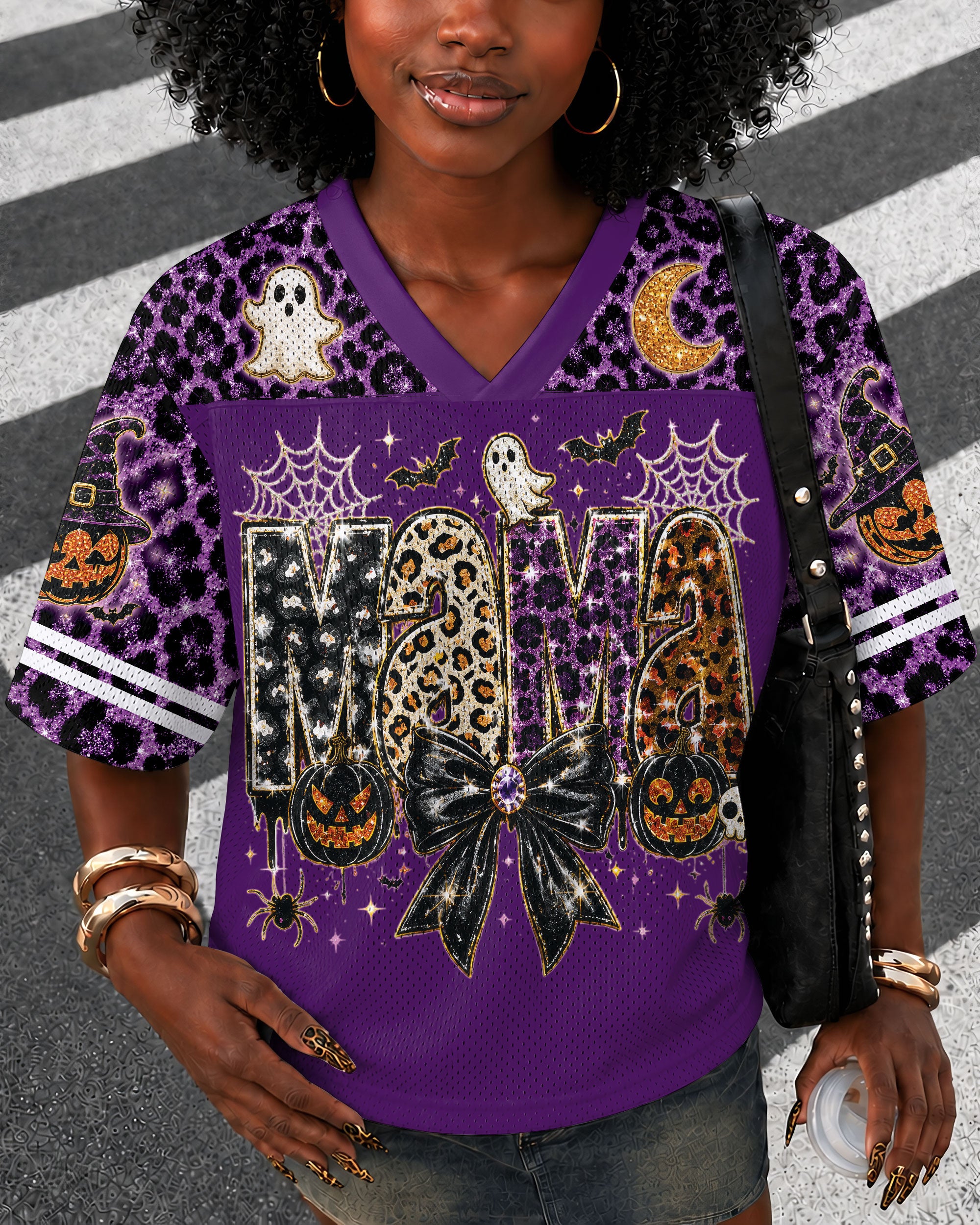 Black Culture Halloween MAMA Football Jersey – Purple Leopard Spooky Streetwear