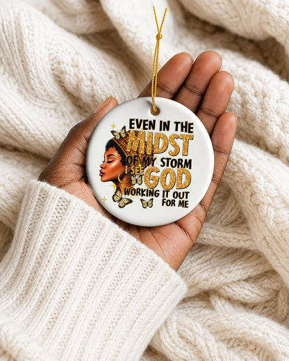 Black Woman Faith Christmas Ornament, God Is Working Ceramic Ornament