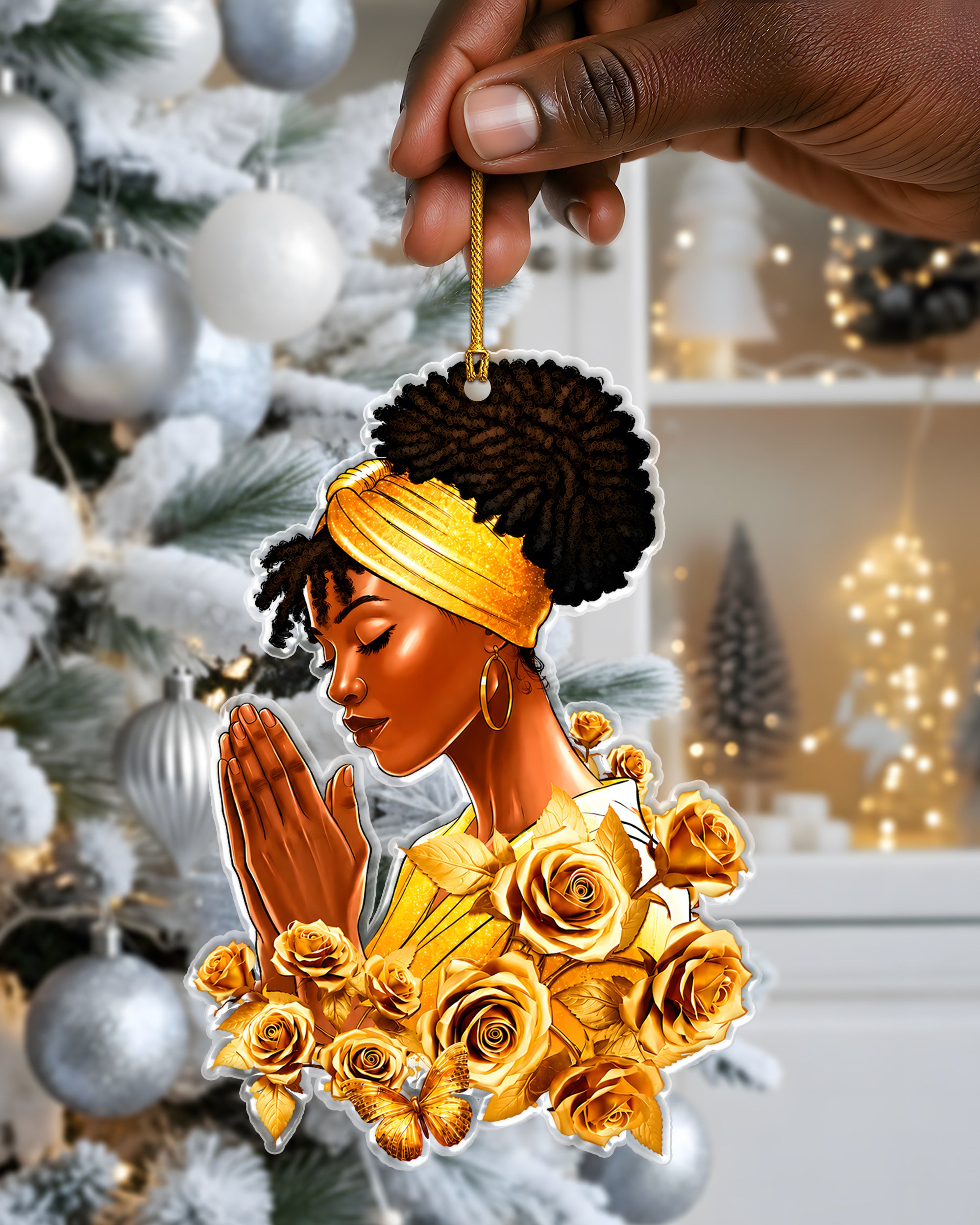 Black Woman Christmas Ornament, African American Prayer Acrylic Holiday Decor