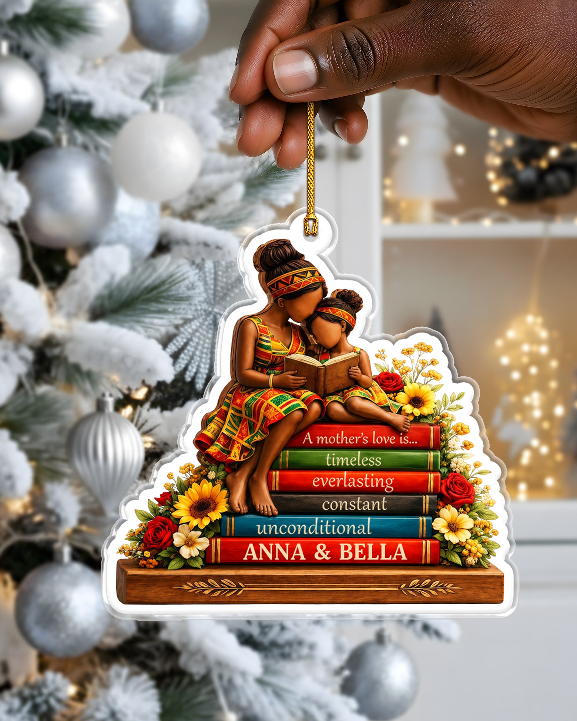 Custom Black Mother Daughter Book Lover Acrylic Ornament