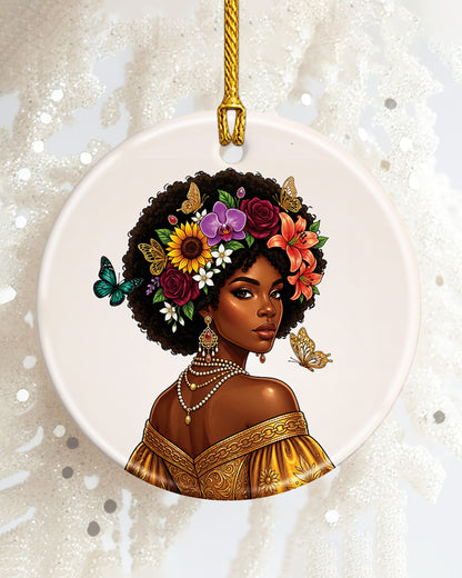 Black Woman Floral Ornament - African American Beauty Christmas Ornament