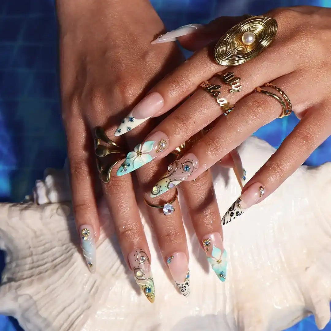 Azure Blossom Press On Nails