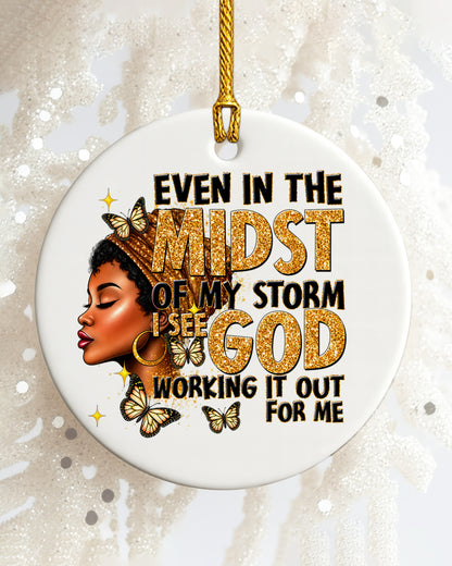 Black Woman Faith Christmas Ornament, God Is Working Ceramic Ornament