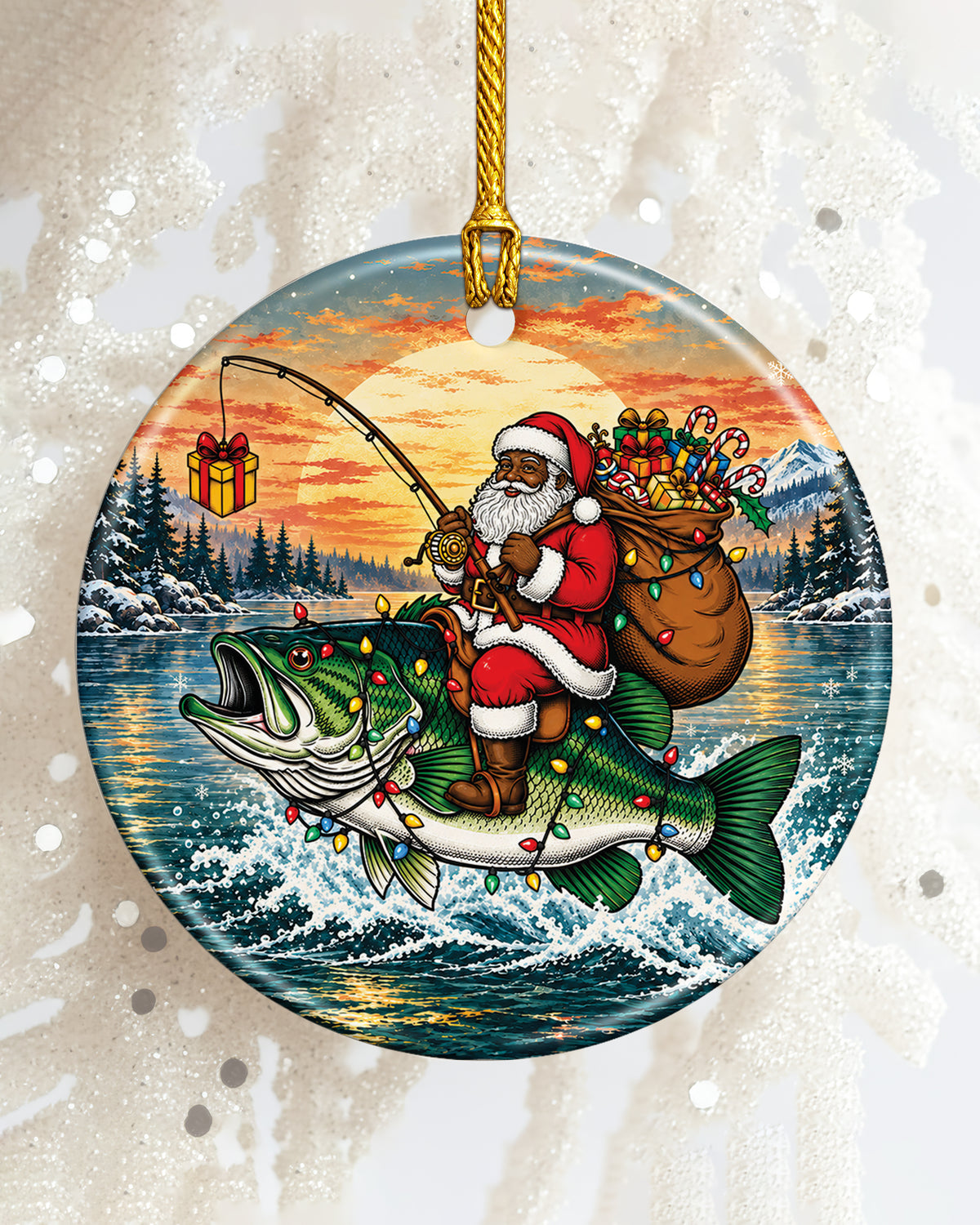 Black Santa Fishing Bass Christmas Ornament