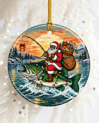 Black Santa Fishing Bass Christmas Ornament
