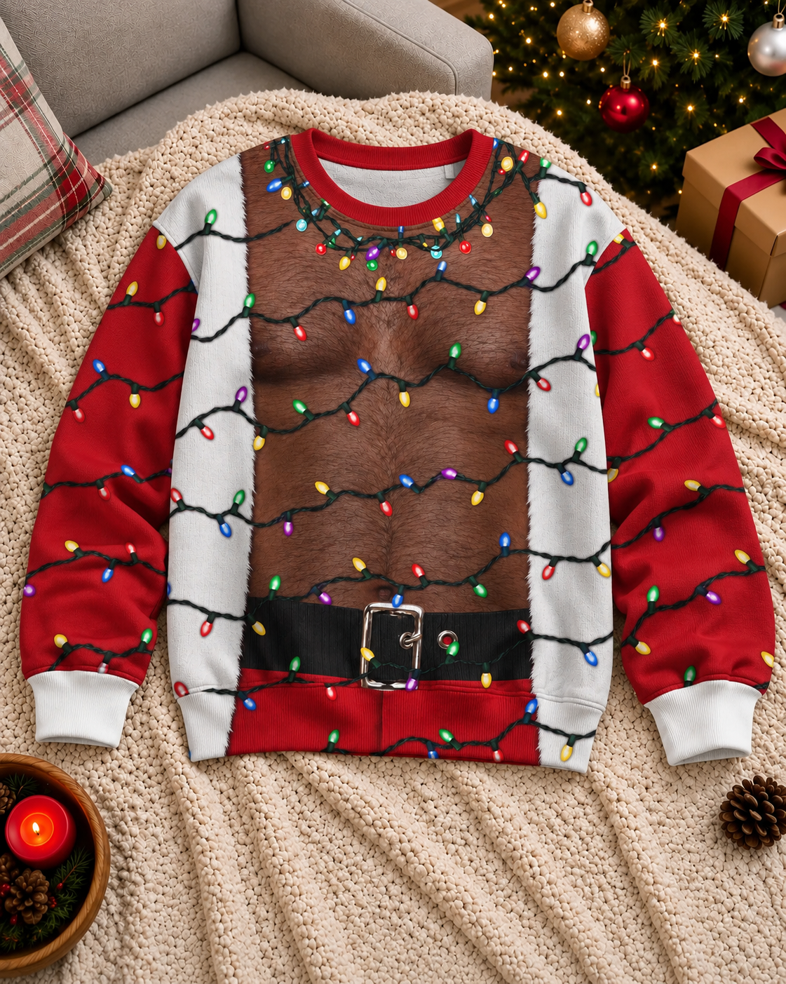 Funny Black Santa Hairy Chest Ugly Christmas Sweater Mens Xmas