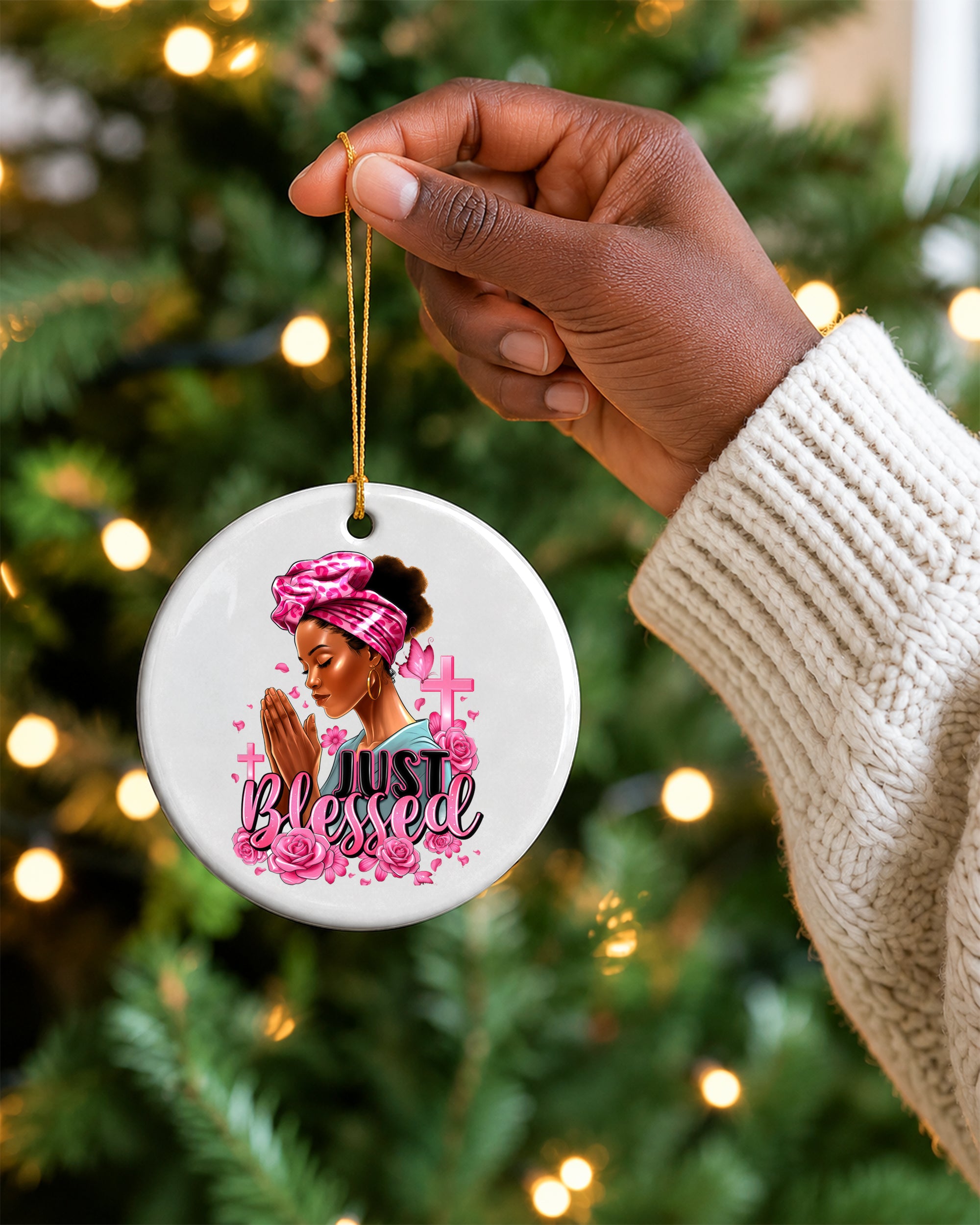 Black Woman Just Blessed Christmas Ornament, Faith & Prayer Ceramic Ornament