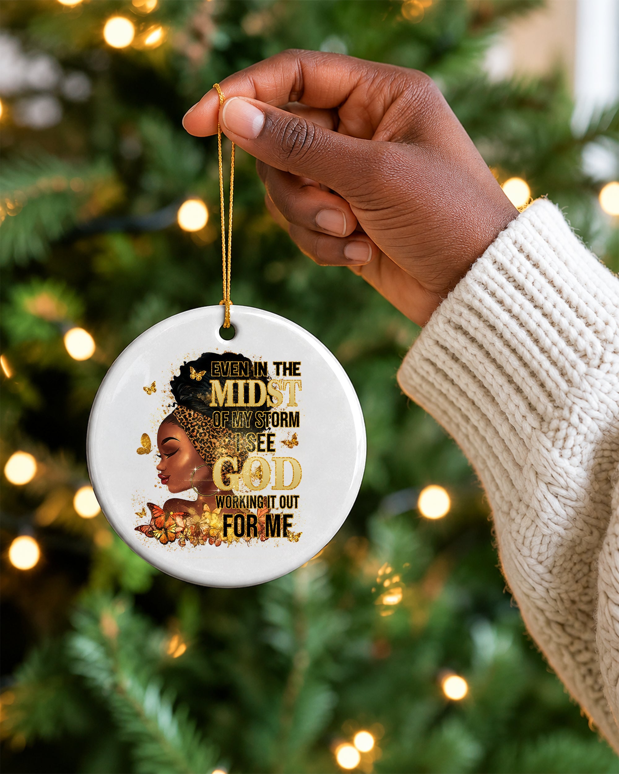 Black Woman Faith Christmas Ornament, God Is Working Ceramic Ornament