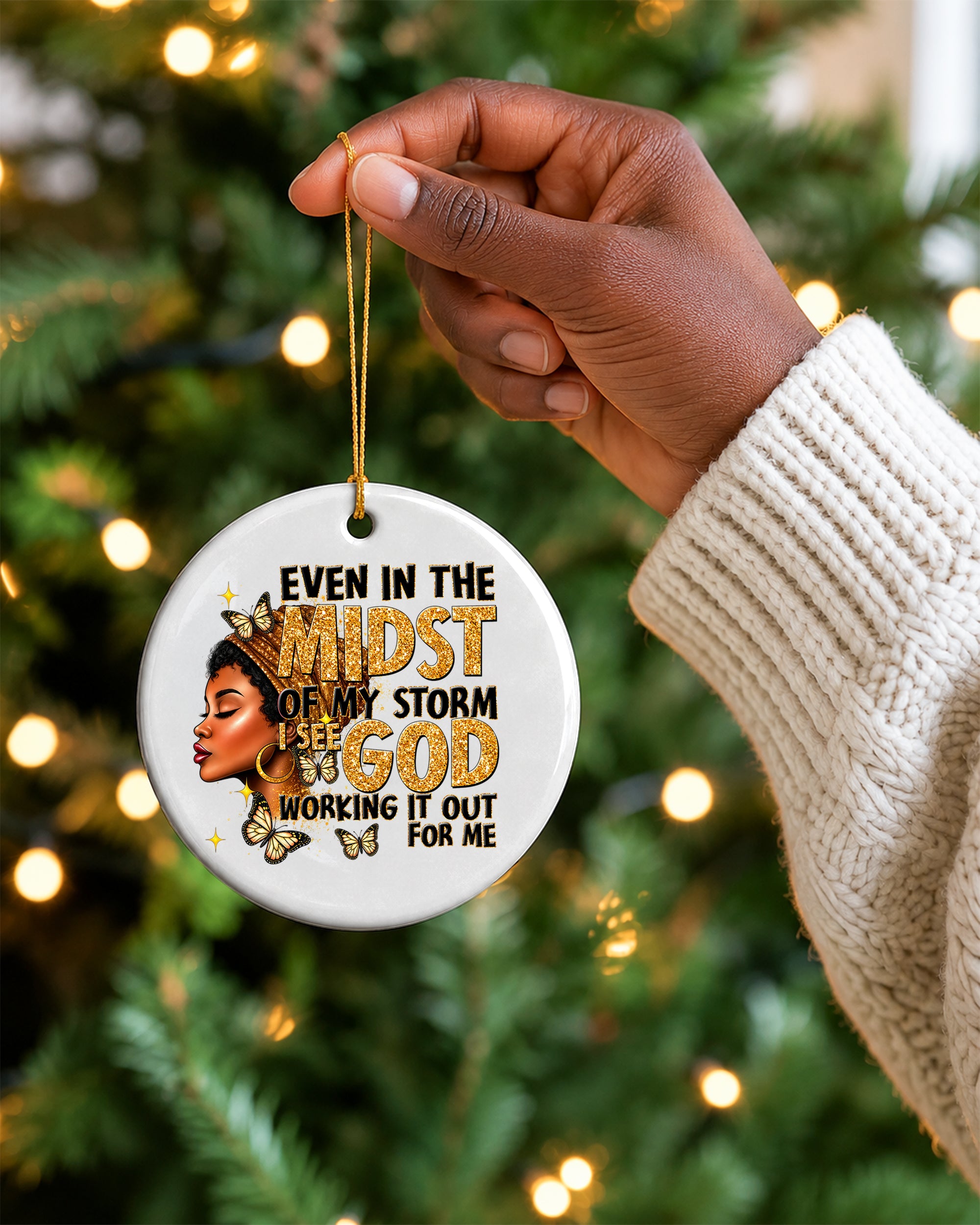 Black Woman Faith Christmas Ornament, God Is Working Ceramic Ornament