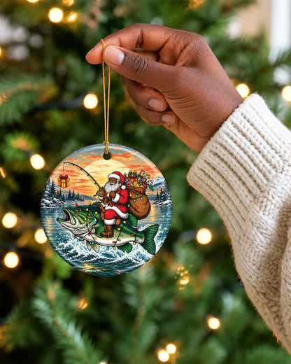 Black Santa Fishing Bass Christmas Ornament