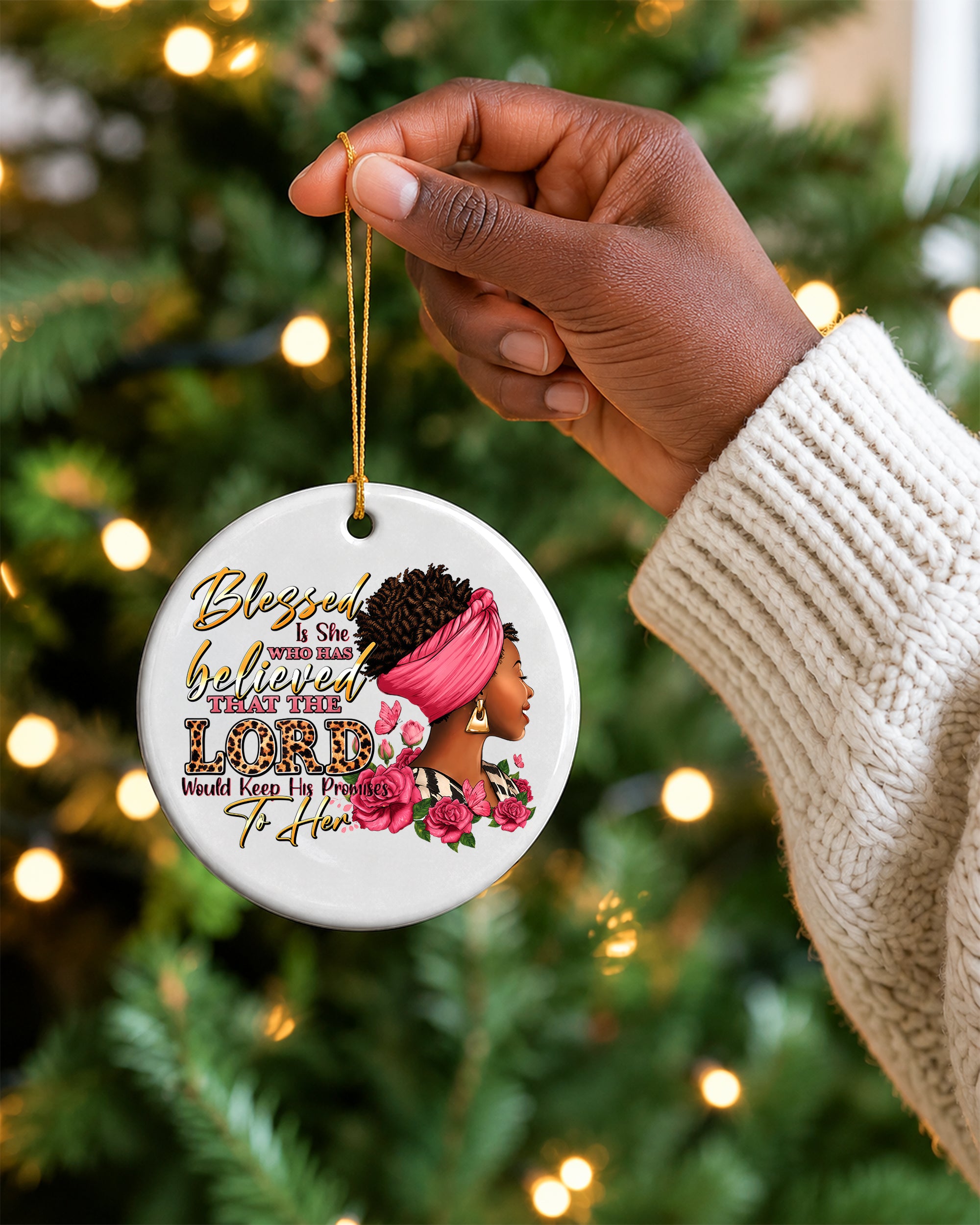 Black Woman Blessed by the Lord Christmas Ornament, Faith & God Ceramic Ornament