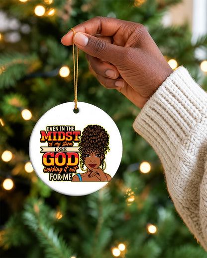 God Working It Out Black Woman Ceramic Christmas Ornament