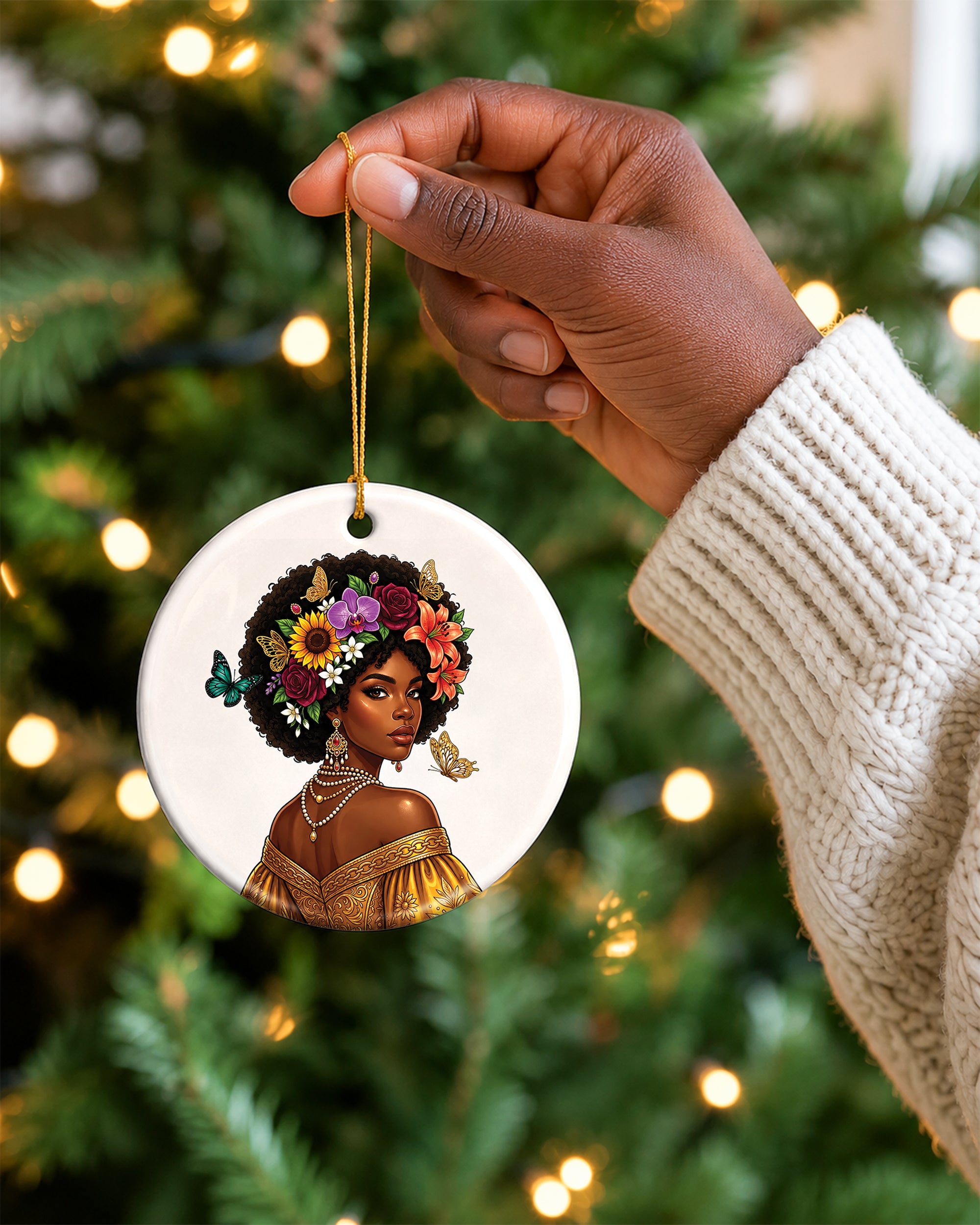Black Woman Floral Ornament - African American Beauty Christmas Ornament