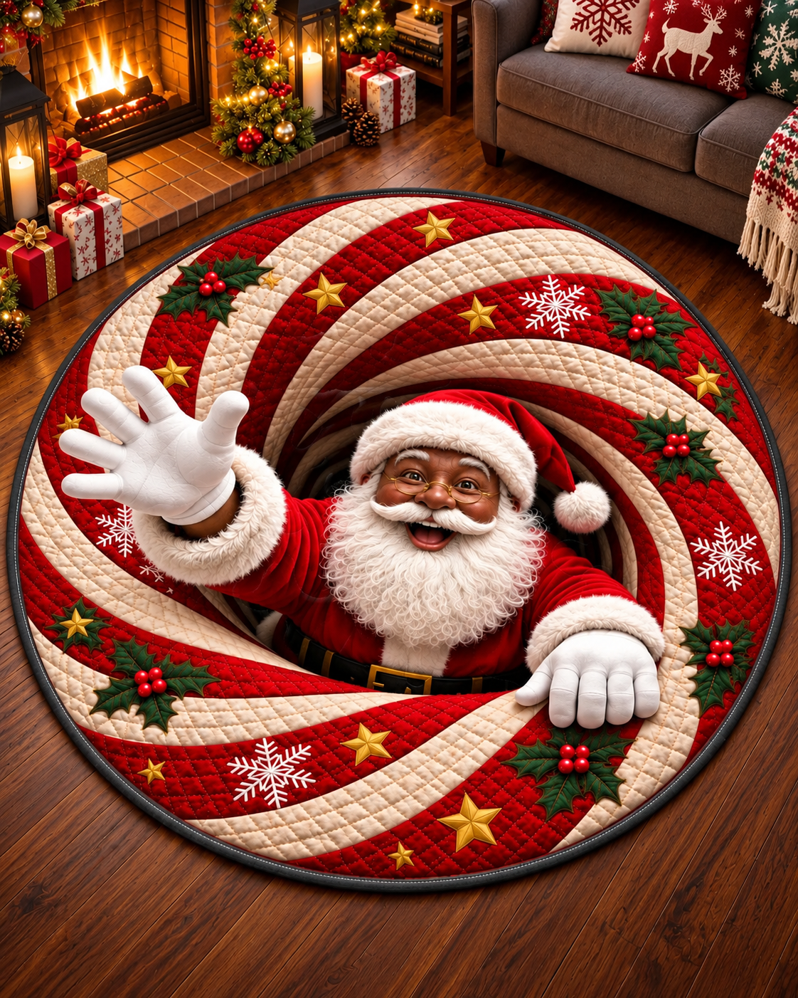 Black Santa Christmas 3D Illusion Quilted Round Mat Collection