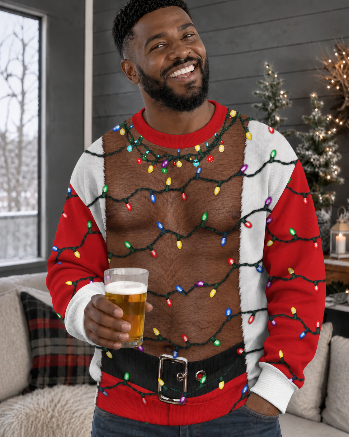 Funny Black Santa Hairy Chest Ugly Christmas Sweater Mens Xmas