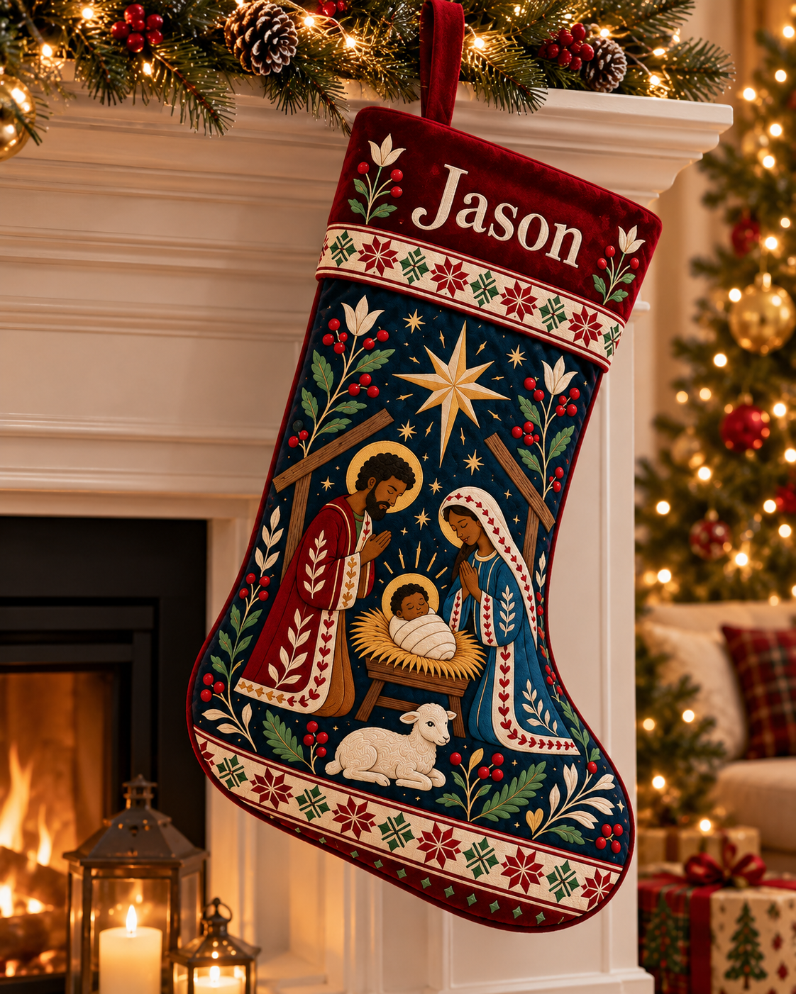African American Holy Family Nativity Personalized Christmas Stocking