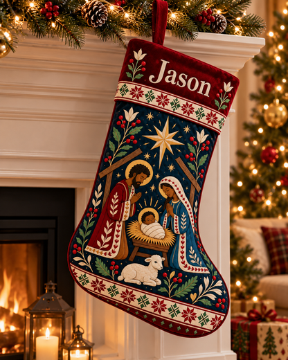 African American Holy Family Nativity Personalized Christmas Stocking
