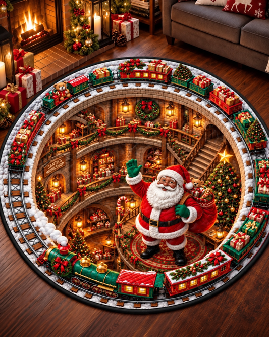 Black Santa Christmas Toy Workshop Train Quilted Round Mat