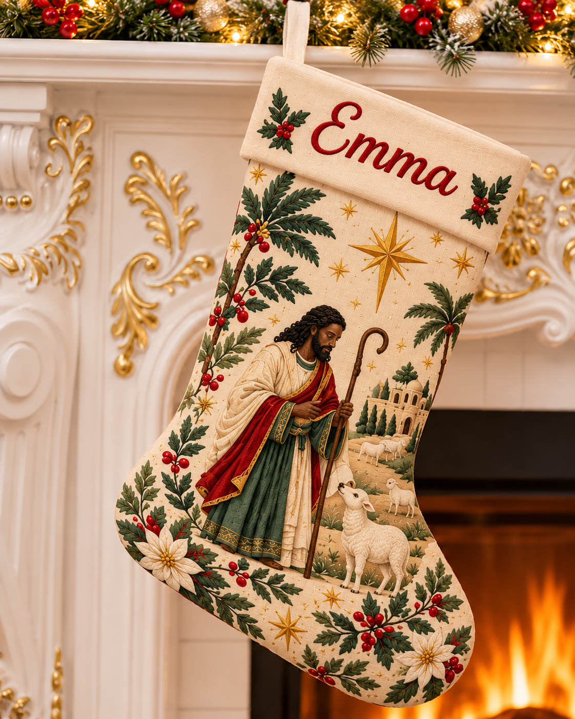 Black Jesus Shepherd Custom Name Christmas Stocking