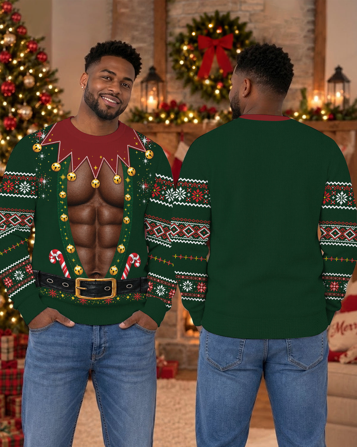 Black Men's Funny Abs Christmas Ugly Sweater