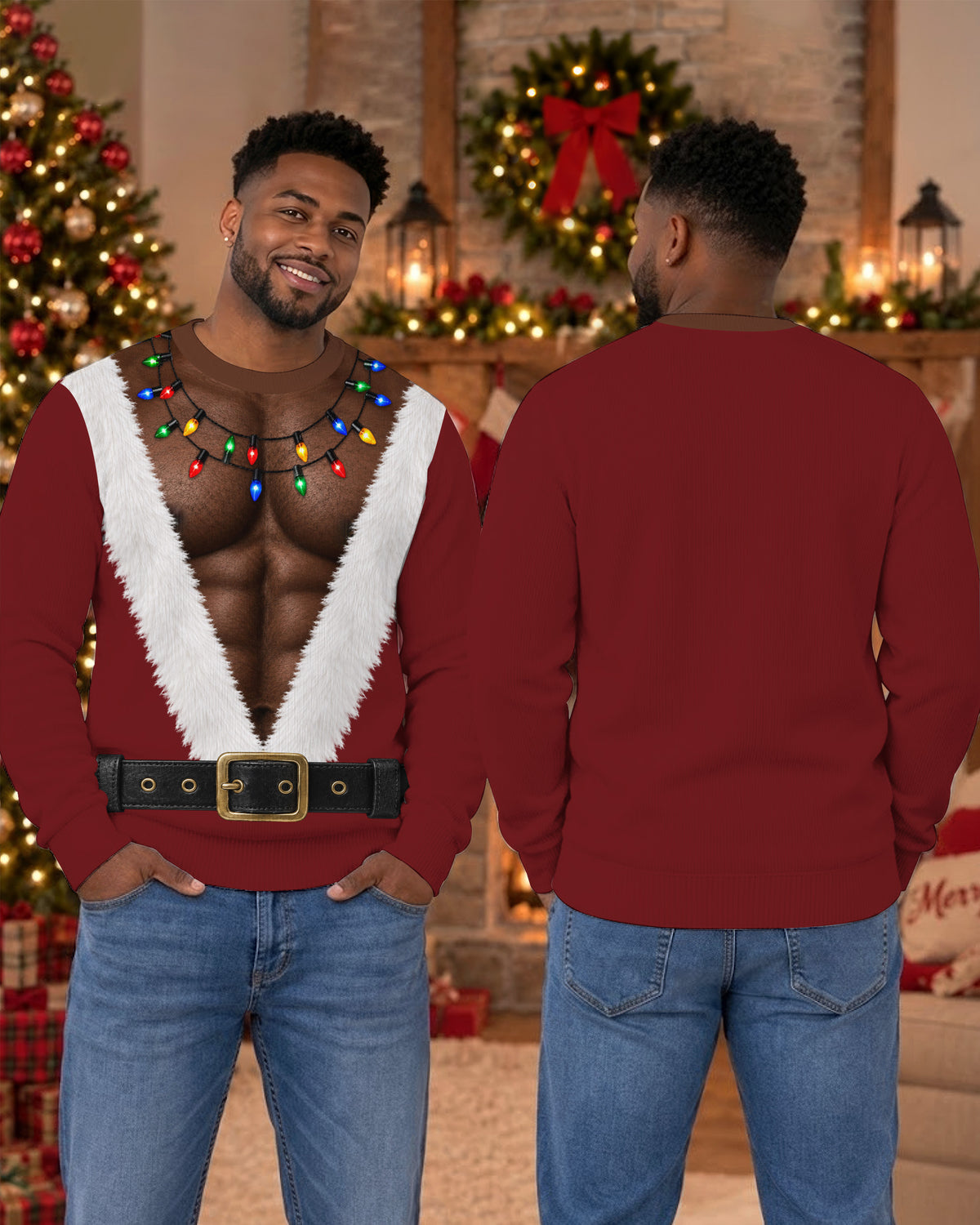 Black Santa Six Pack Abs Ugly Christmas Sweatshirt