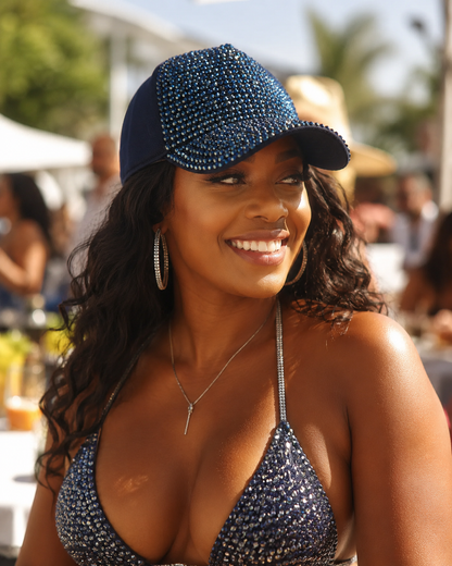 Navy Rhinestone Cap - Empower Black Culture, Bold Style