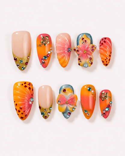 Tropical Ocean Sunset 3D Flower Press On Nails | Reusable Salon Quality Set