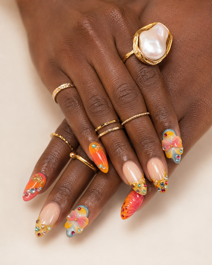 Tropical Ocean Sunset 3D Flower Press On Nails | Reusable Salon Quality Set